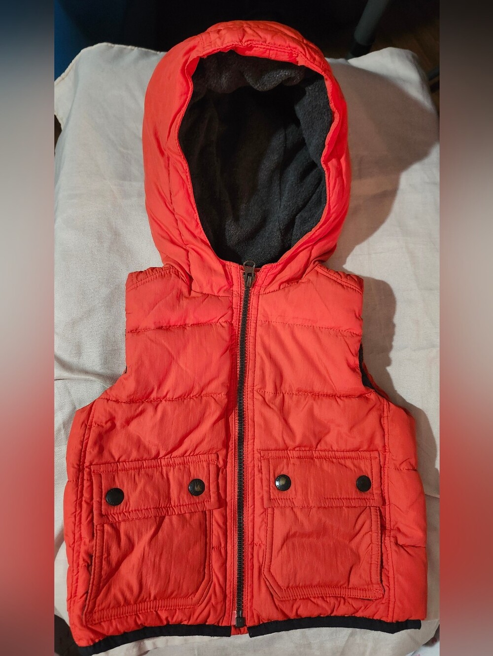 babyGAP Orange Kids Hooded Puffer Vest with Black & Charcoal Gray Hood Lining